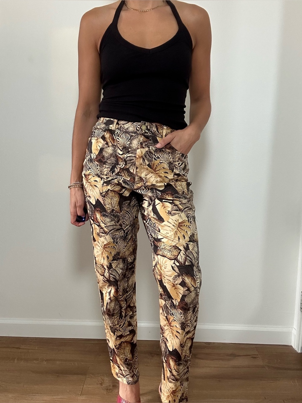Dana Buchman Beige Zebra Print High Rise Straight Leg Pants Cotton Size 4